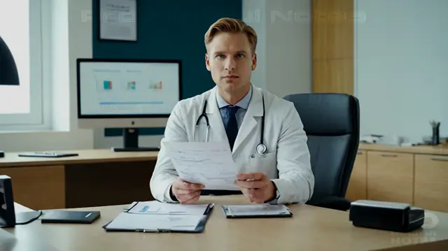 A confident professional holding a medical device, an office interior with psychology posters, a detailed appointment form, a computer displaying billing software