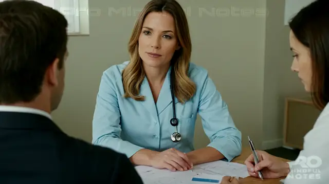 A therapist in a calm, professional setting with individuals engaged in discussion, therapeutic tools present, and clear documentation on medical charts