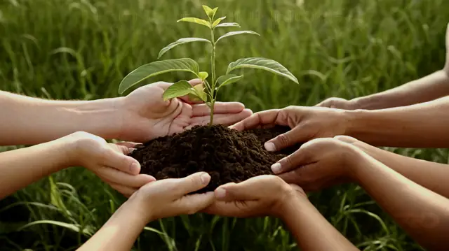 A diverse group of individuals in various stages of healing, hands holding or offering support, symbols representing growth and resilience, a serene landscape transitioning from chaos to calmness