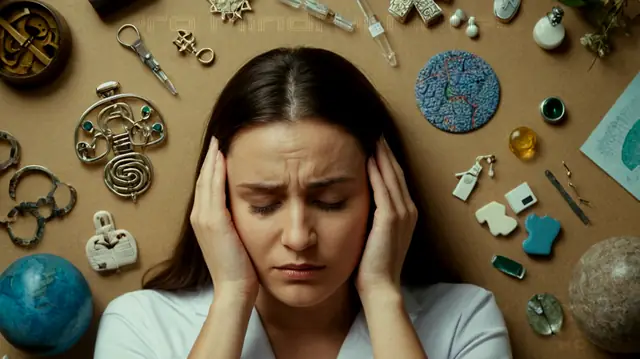 A close-up image of a worried individual's hands clutching their head, surrounded by various medical symbols, therapy session visuals, resilience images, and calming nature scenes