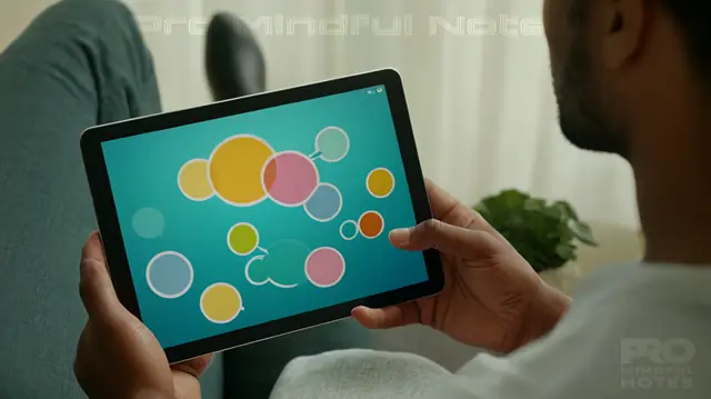 A human hand holding a tablet, animated conversation bubbles, soothing colors palette, diverse faces in therapy session