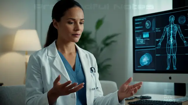 therapist consulting virtual patient, AI interface displaying data analytics, diverse therapy tools at hand, calming therapeutic setting, technology seamlessly integrated into healing process