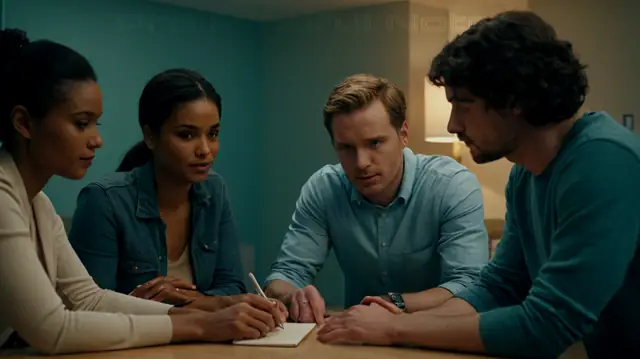 A diverse group of people interacting with a variety of AI-powered tools, including a friendly chatbot and an attentive scribe, amidst a modern mental health care setting