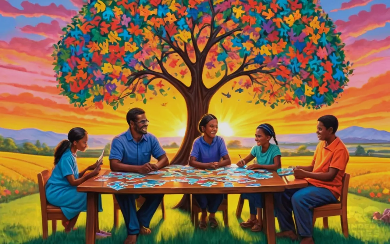 a blossoming family tree, diverse ASD spectrum colors, counseling table with open books, supportive faces in teenage attire, vibrant life-sized puzzle pieces fitting together, embrace symbols of understanding and connection, hopeful sunrise over a landscape representing growth