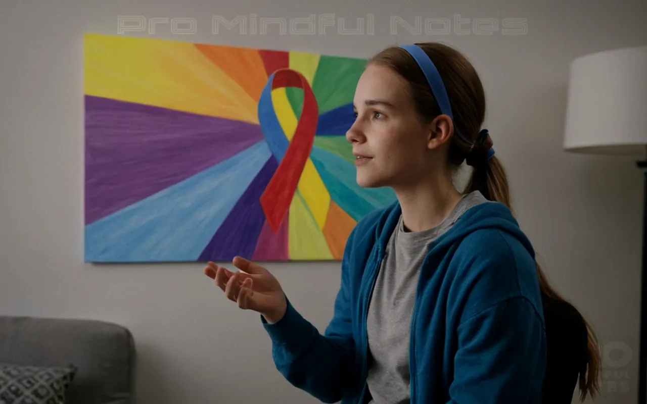 Teenager engaging in specialized counseling session, serene background illustrating peaceful environment, autistic spectrum disorder awareness ribbon, therapeutic colors and lighting to convey a sense of hope, inclusivity message on screen or wall art