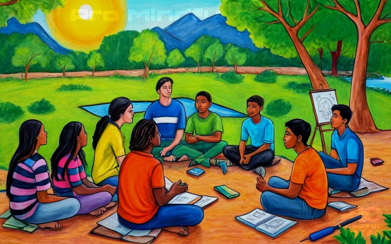 Teens navigating anxiety, a counselor offering guidance, diverse individuals united in understanding ASD, vibrant group therapy session, serene outdoor environment symbolizing freedom from mental struggles