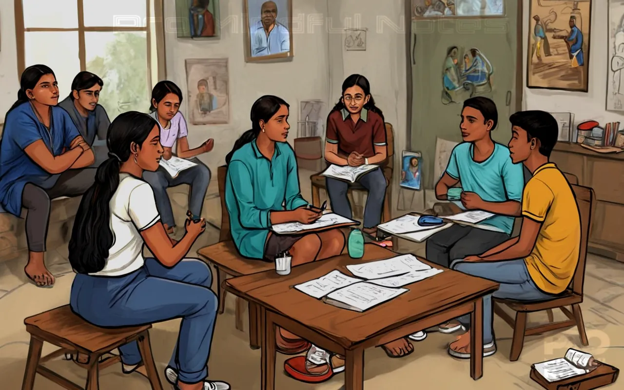 teenagers engaged in conversation, therapy session set-up, various therapeutic tools and materials, focused expressions of teenage participants, hopeful atmosphere, diverse backgrounds represented