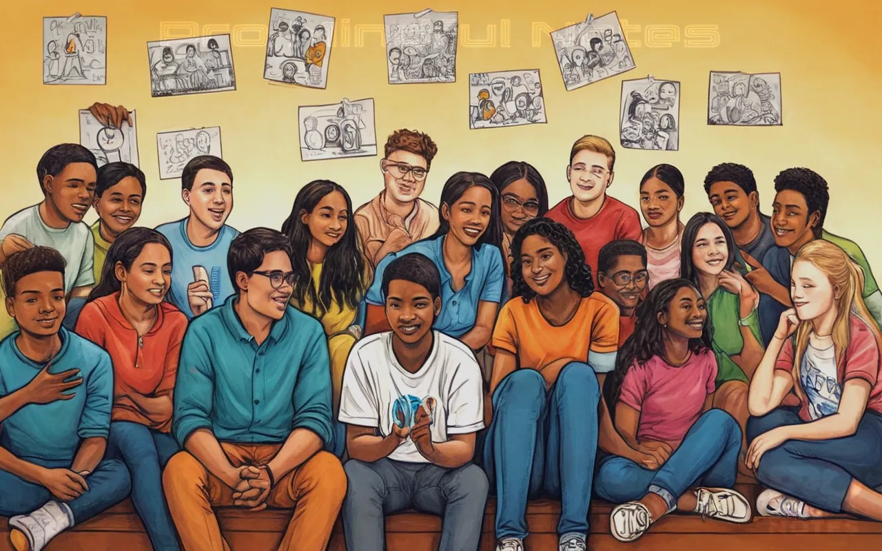 A diverse group of teenagers and young adults engaging in counseling sessions, symbols representing autism spectrum disorder, therapeutic environment, faces expressing hope and support, various activities aimed at improving social skills, tools for self-expression