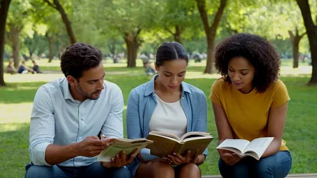a diverse group of people reading a magazine in a park, serene landscape background, open book with scientific journal title, vibrant graphs or charts illustrating psychological data, insightful faces capturing epiphanies and contemplation, cutting-edge technology integrated into the natural setting