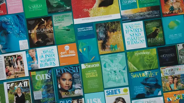 smartphone screen displaying a collage of colorful magazine covers, titles in bold fonts, images of thought bubbles and graphs representing psychology topics, various shades of blue and green hues conveying a sense of innovation and calmness