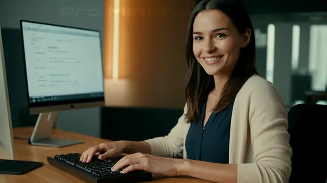 A woman typing on a computer screen