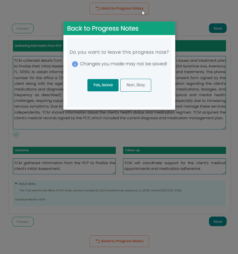 Confirmation window to exit the progress note when you click the back to notes list button.