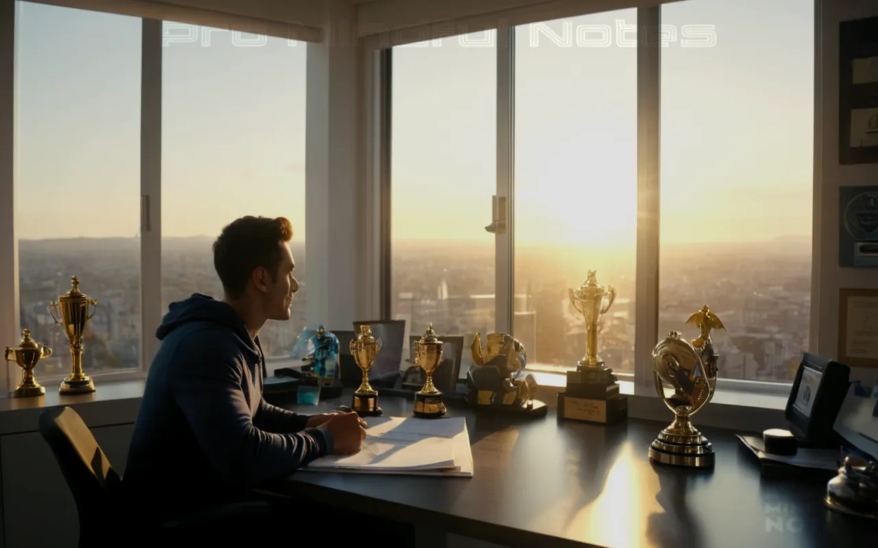 Young entrepreneur at their desk, filled with motivational quotes about autonomy, surrounded by professional success symbols like trophies and medals, a clear view of an open window symbolizing transparency and freedom, sunrise representing new beginnings and self-reliance