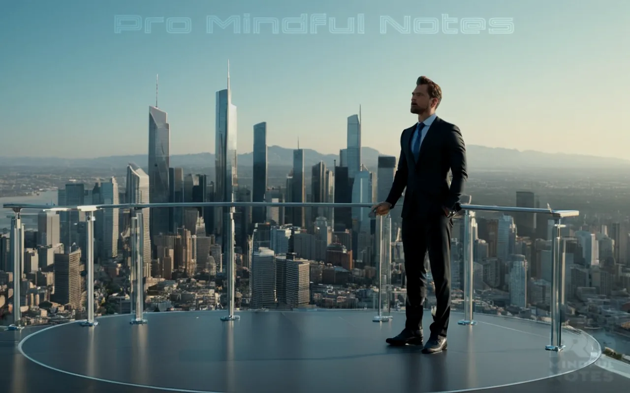A confident executive standing alone on an elevated platform, surrounded by diverse elements symbolizing risk management tools, ethical dilemmas resolved in a balanced manner, and a self-reliant business environment under clear, empowering skyline backdrop