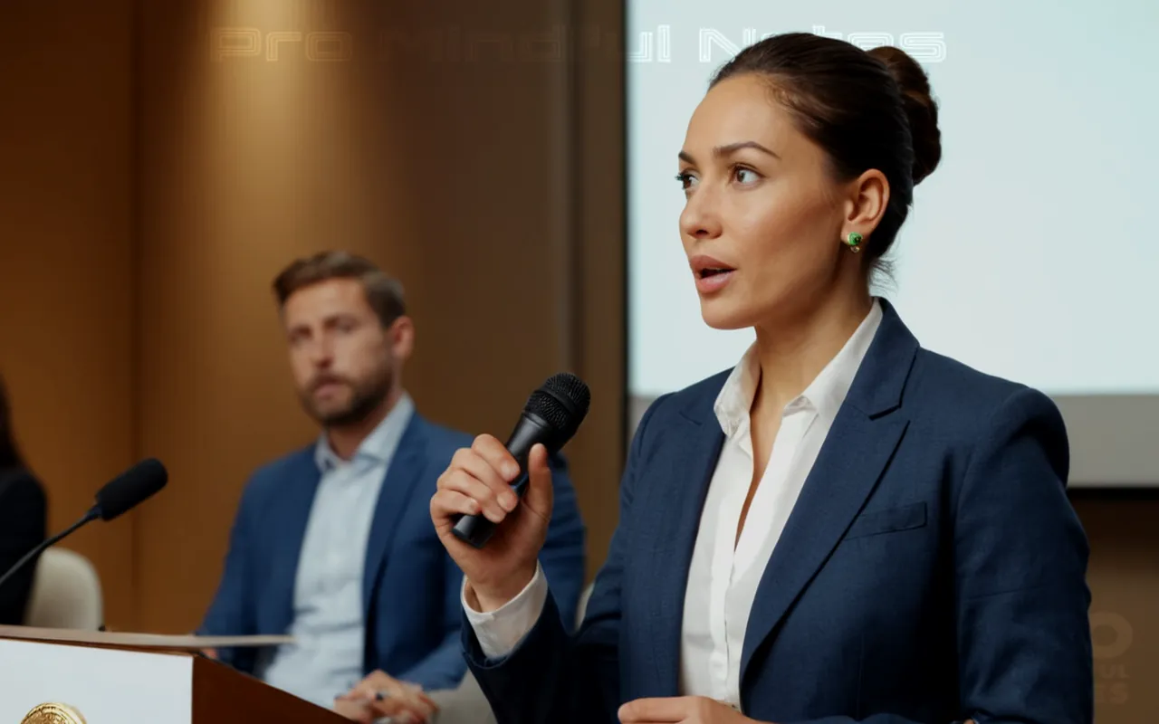 A confident individual speaking passionately, engaged audience nodding thoughtfully, diverse professional tools symbolizing competence, ethical badge representing integrity, independent pathway leading forward