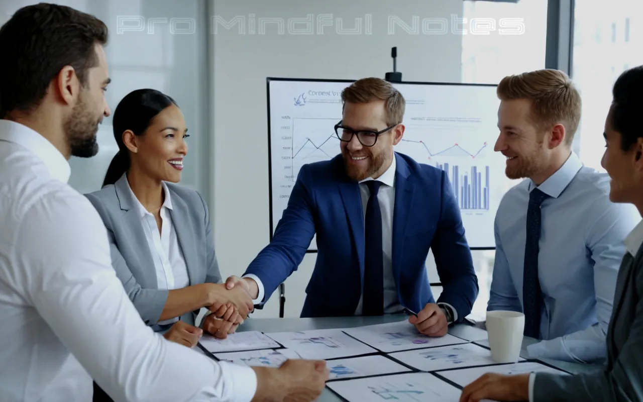 A confident entrepreneur, trust-building handshake, diverse team of professionals, symbols of competence and ethics, serene office environment, dynamic graphs showing career growth, independent self-reliance in action, pivotal networking event backdrop