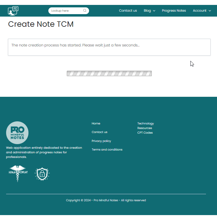 View displayed during the note creation process once you have clicked the create note button.