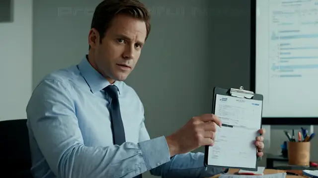 A professional holding a clipboard in front of a computer screen, various forms and documents spread across the desk, focused expression, subtle background colors suggesting organization and structure