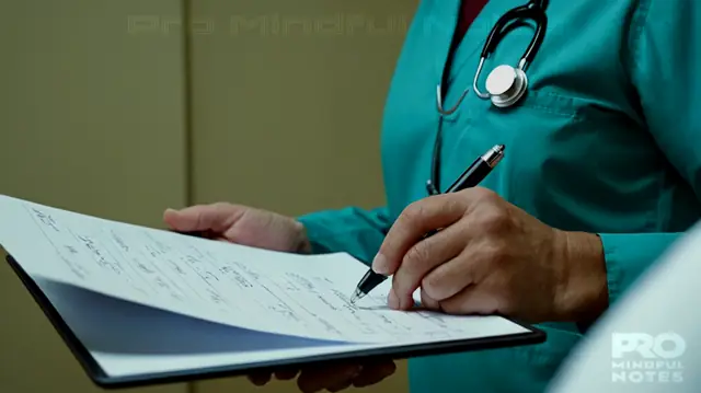 A medical professional holding a stack of papers