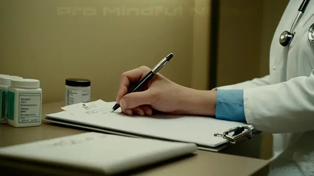 A doctor writing on a clinical note pad, medical symbols, close-up of prescription medication labels, hospital room setting, clipboard in hand, white coat poised over chest, patient monitoring equipment, softly lit atmosphere, gentle focus emanating from the individual's eyes
