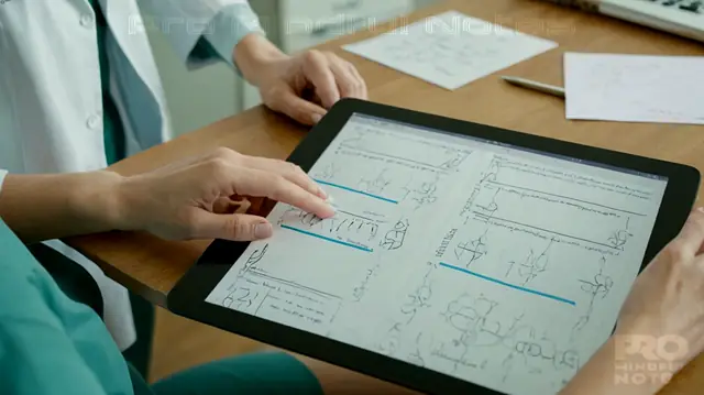 A woman reading a medical chart, close-up shot of handwriting in progressive letters on paper, doctor's office setting, calming colors, digital tablet displaying anatomical diagrams and terminology explanations