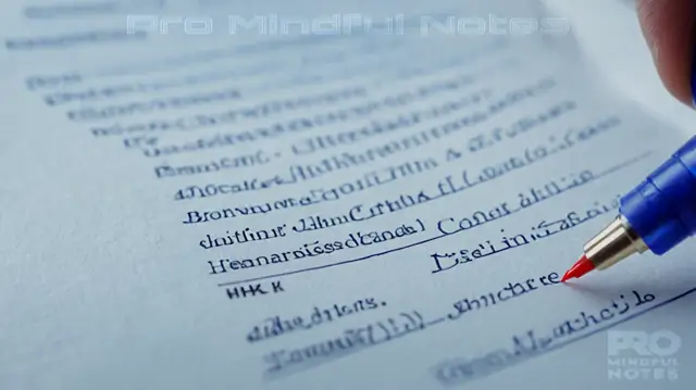 A doctor reviewing medical records, a stack of paper documents, highlighted sections in red pen, annotations in blue ink, close-up view of discharge note's header and content sections, professional healthcare environment with sterile colors