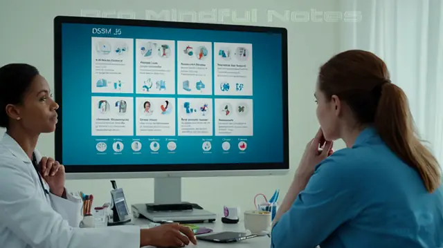 A diverse group of clinicians examining a digital screen displaying DSM-5 criteria charts, engaged in collaborative discussion and analysis, surrounded by medical symbols representing mental health care tools and patient support resources