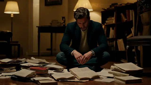 a man looking dejected in a dimly lit room, a pile of unread books and papers scattered on the floor, a shadowy figure looming behind him, symbols representing sadness and imbalance subtly incorporated into the image background