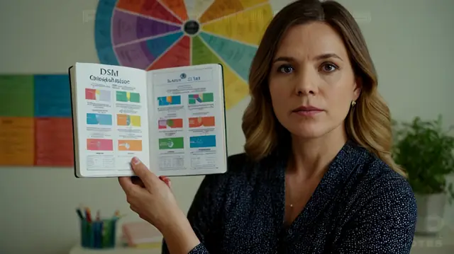 A therapist holding a book titled DSM-5 Diagnosis Guide, surrounded by colorful charts and diagrams of various psychiatric conditions, in a modern clinic setting
