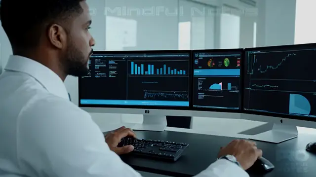 doctors consulting EHR software on a modern computer workstation, calm face reflecting in dual monitors, sleek design of digital interface, adherence to data protection protocols evident in secure environment, color palette conveying professionalism and clarity