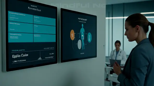 Multiple therapists consulting a digital interface, confidentiality signage visible, modern design elements, streamlined workflow visuals, interactive patient data displays, seamless integration of care records