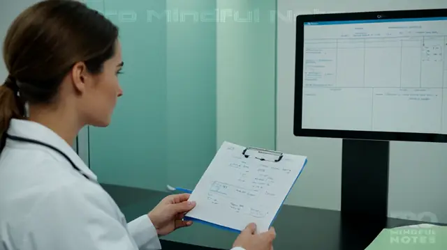 A professional healthcare setting, a doctor reviewing notes, handwritten SOAP format on paper, digital screen displaying template structure, colorful patient charts, serene medical office interior, modern electronic health record systems interface, focused mental health practitioner, ergonomic workstation, and calming therapeutic environment