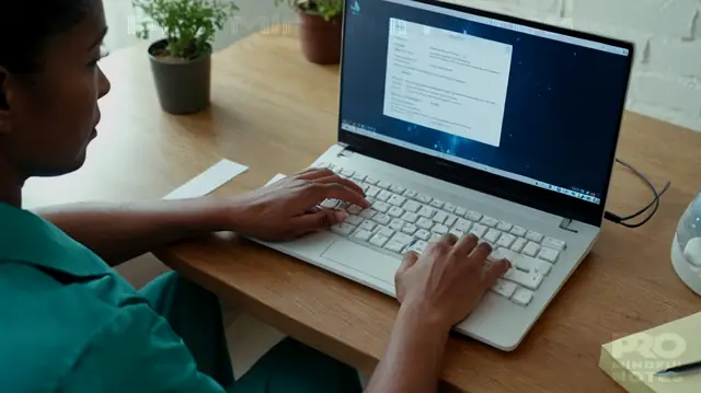 A medical professional typing on a computer, structured SOAP notes diagram, healthcare setting background, mental health symbols, diverse patient representation