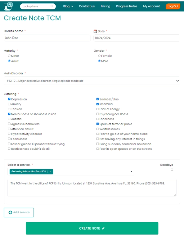 Main data entry view to create the progress note for targeted case management.