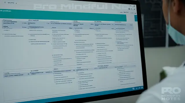 A clinician's computer screen displaying a flowchart of FIRP notes steps; an organized digital health record system; visuals indicating patients’ treatment plans; various invoices and insurance documents for processing reimbursement