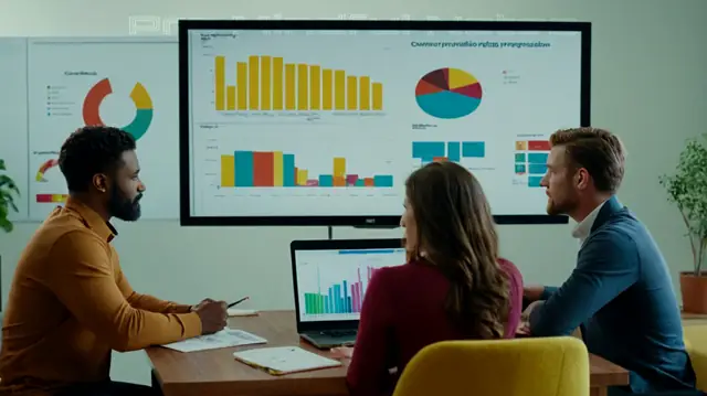 a diverse group of individuals engaged in thoughtful conversation, colorful charts displaying goal progression, a computer screen showcasing data analysis software, motivational success stories, counseling office environment