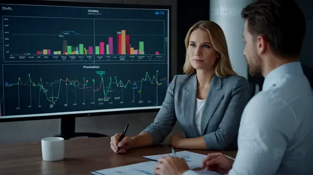 Counselor consults data graphs, sets actionable objectives, clients display progress charts, goal templates illustrated clearly