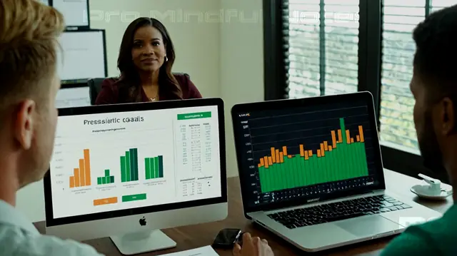 A diverse group of clients engaged in therapy, motivational quotes about success, a chart showing goal progression, a computer screen displaying an Excel spreadsheet with SMART goals, counselor guiding client through data analysis