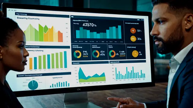 A diverse group of motivated individuals collaborating on a digital dashboard filled with charts, graphs, and targeted SMART goals for counseling success