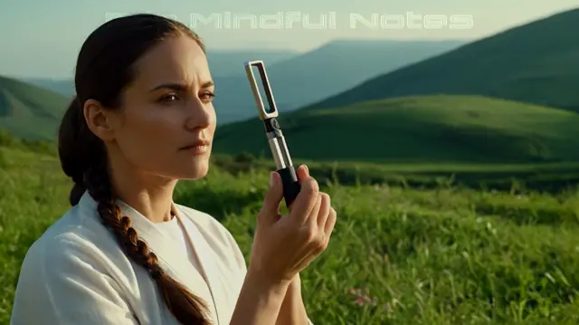A woman in therapeutic attire holding an EMDR tool, serene landscape background symbolizing progress, individuals engaged in calming activities like meditation or art therapy