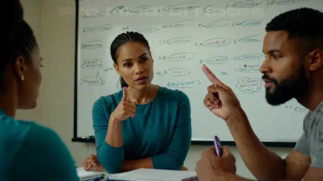 A diverse group of individuals engaging in focused conversation, animated hand gestures towards a whiteboard filled with keywords, therapist taking notes on a digital device, expressions of concentration and collaboration, ambient therapeutic environment with soft lighting and calming colors