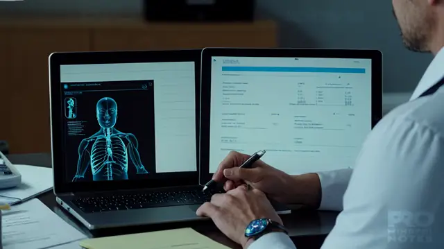 Doctor consulting in private office, digital tablet displaying protected patient notes, security badge visible, HIPAA symbol prominently displayed on screen