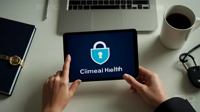 patients' confidentiality icons, digital health records interface, physicians' hands on tablet screen, security lock symbol, HIPAA certification badge, medical documentation flowchart, cross-platform EHR integration