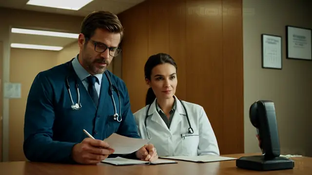 A doctor's office interior, confidential conversation through a soundproof phone booth, digital patient file encryption icon, healthcare professionals signing a confidentiality agreement, medical record security seal