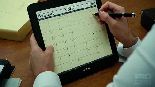 Therapist reviewing detailed progress notes, motivational quote on organization, digital notepad open on screen, calendars and deadlines displayed prominently