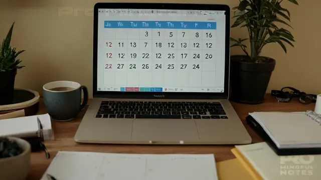 A cluttered workspace transitioning to a tidy layout, a calendar divided into daily tasks, a person focused on typing on a computer, therapeutic techniques displayed graphically, progress notes being efficiently filled out and saved digitally