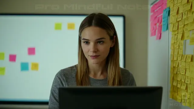 A motivated young woman typing on a computer, colorful sticky notes on a whiteboard, organized digital folders displayed on screen, serene therapy room ambiance