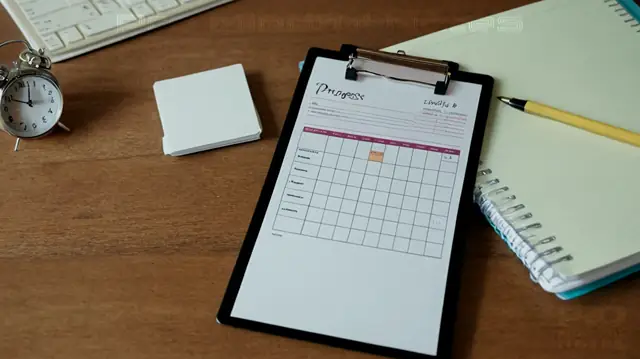 A handwritten progress note on a clipboard, calendar reminder, stack of paper files, digital tablet displaying therapeutic content, clock showing elapsed therapy time, images symbolizing patient growth and development, visual hierarchy elements such as headings and bullet points