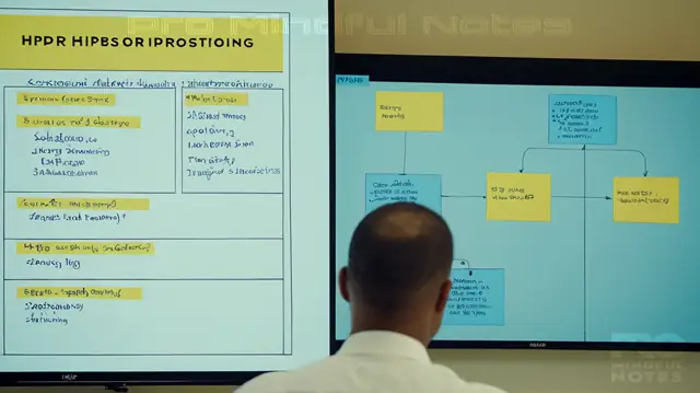 Mental health professional in focus, IGBIRP notes on screen, diagram illustrating document structure, flowchart showing client progress monitoring