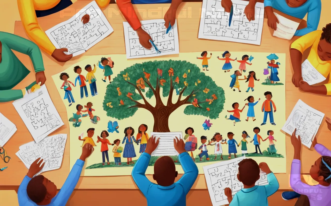 A diverse group of children engaged in therapeutic activities, a hand-drawn illustration of interlocking puzzle pieces symbolizing informed consent and trust building, therapist holding confidential documents, animated family tree showing various relationships